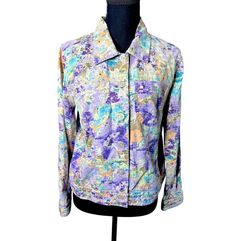 Womens Watercolor Linen Jacket Sz M Art to Wear Festival Boho Chic Abstract Chic